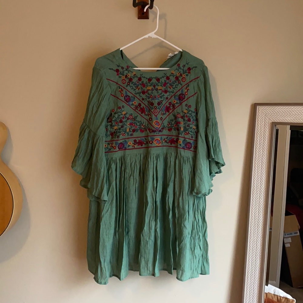 Sage Green Embroidered Boho Dress